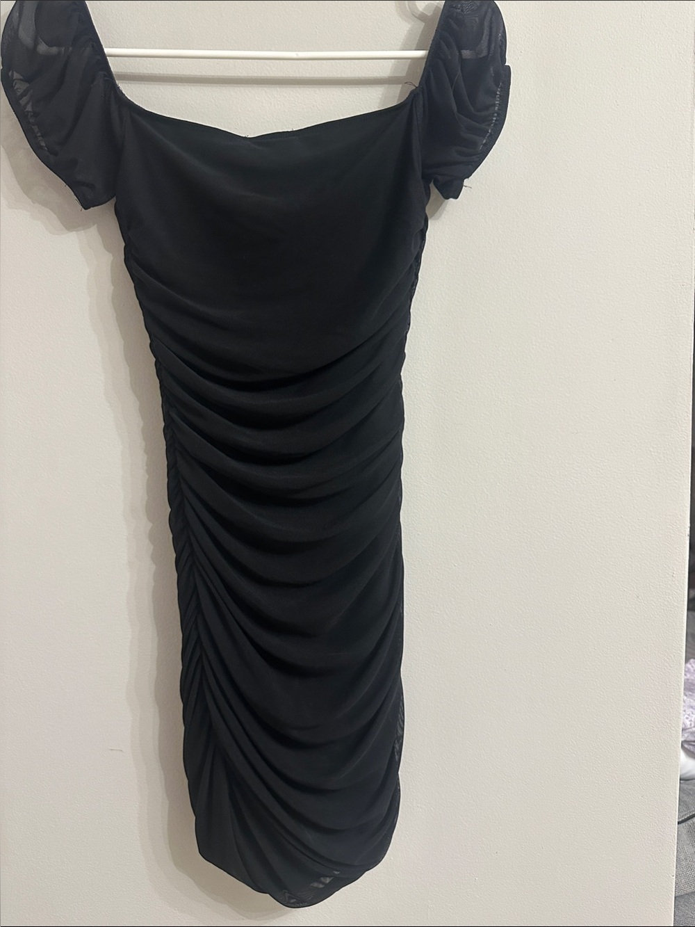 Adika Black Ruched Midi Dress with Puff Sleeves